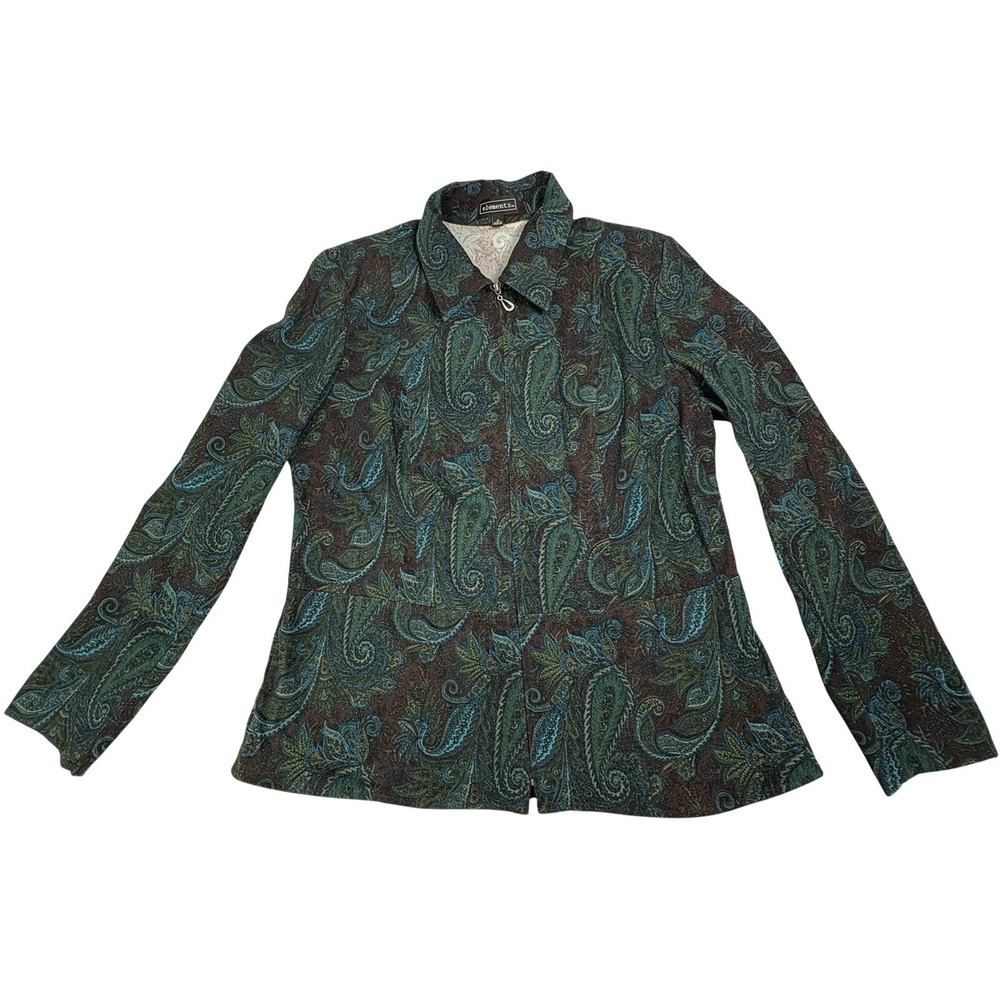 Elementz Women's Blue‎ Paisley Jacket Long Sleeve Med. Fitted, Flared, Tailored